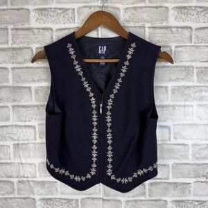 Vintage Gap Navy Blue Wool Blend Embroidered Zip Up Vest Women Medium Folk Style